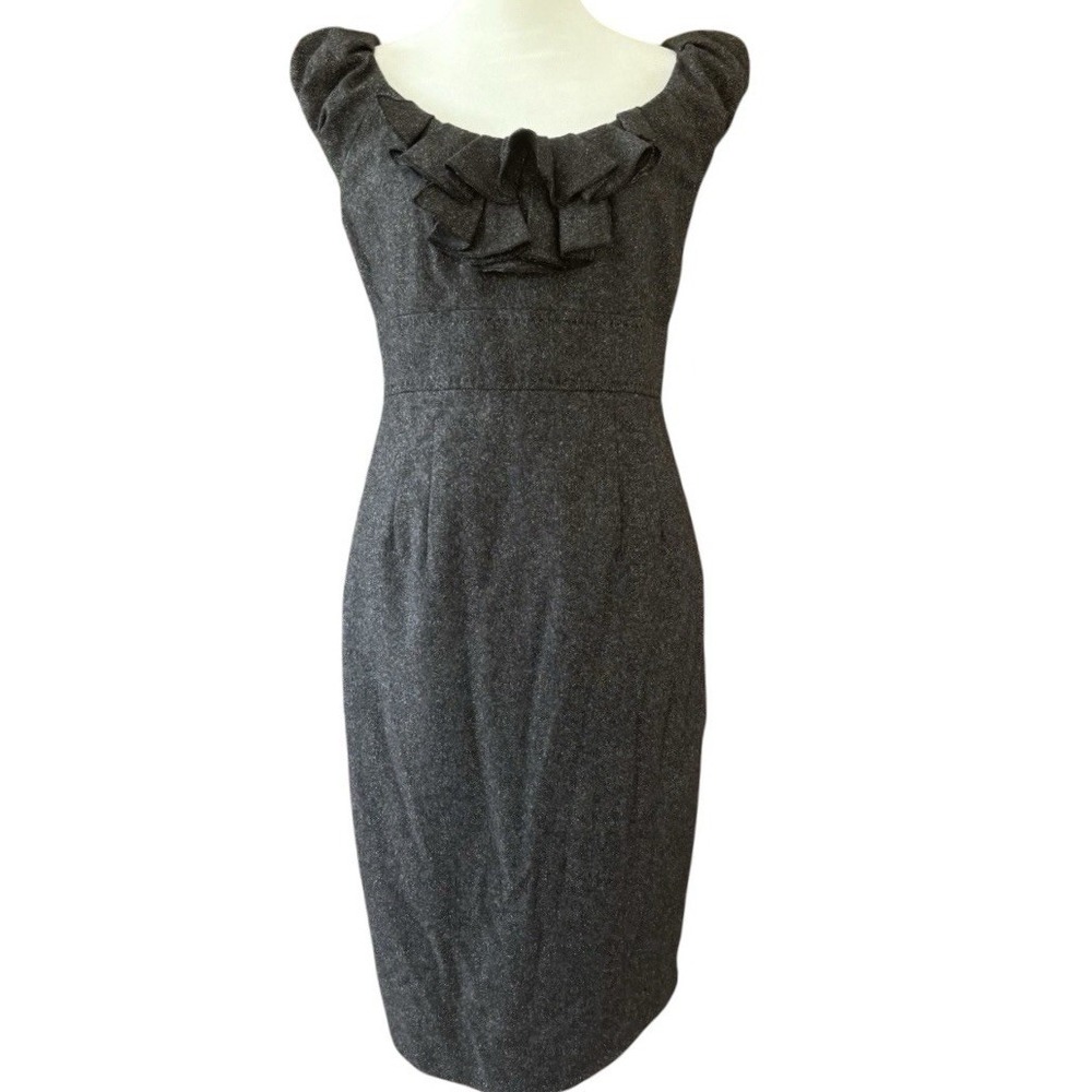 Rebecca Taylor Dark Grey Wool Blend Sheath Dress Women's 6 Ruffle Neckline